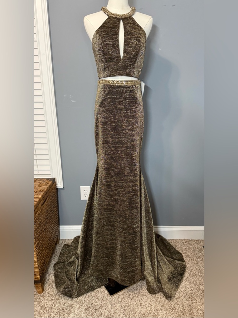 Sherri Hill Gold Metallic Two-Piece Halter Gown - NWT Size 4